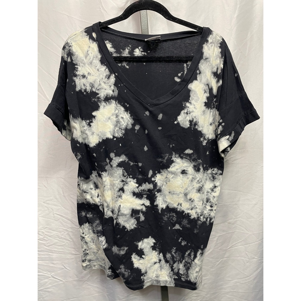 Like Love Black White Tie Dye V Neck Short Sleeve Casual  Shirt Top Women Medium